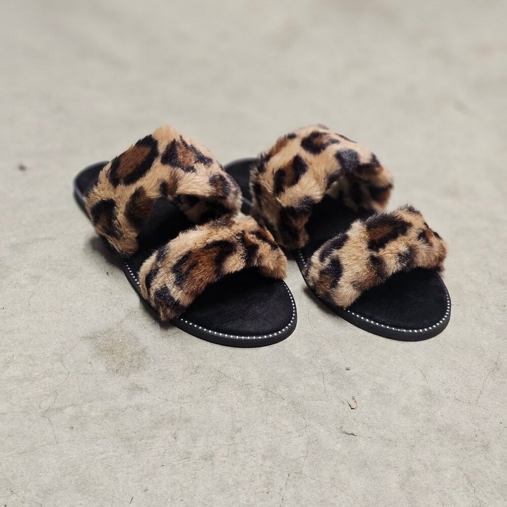 Leopard Print Faux Fur Double Strap Slides Chic Womens Indoor/Outdoor Footwear - Picture 3 of 6